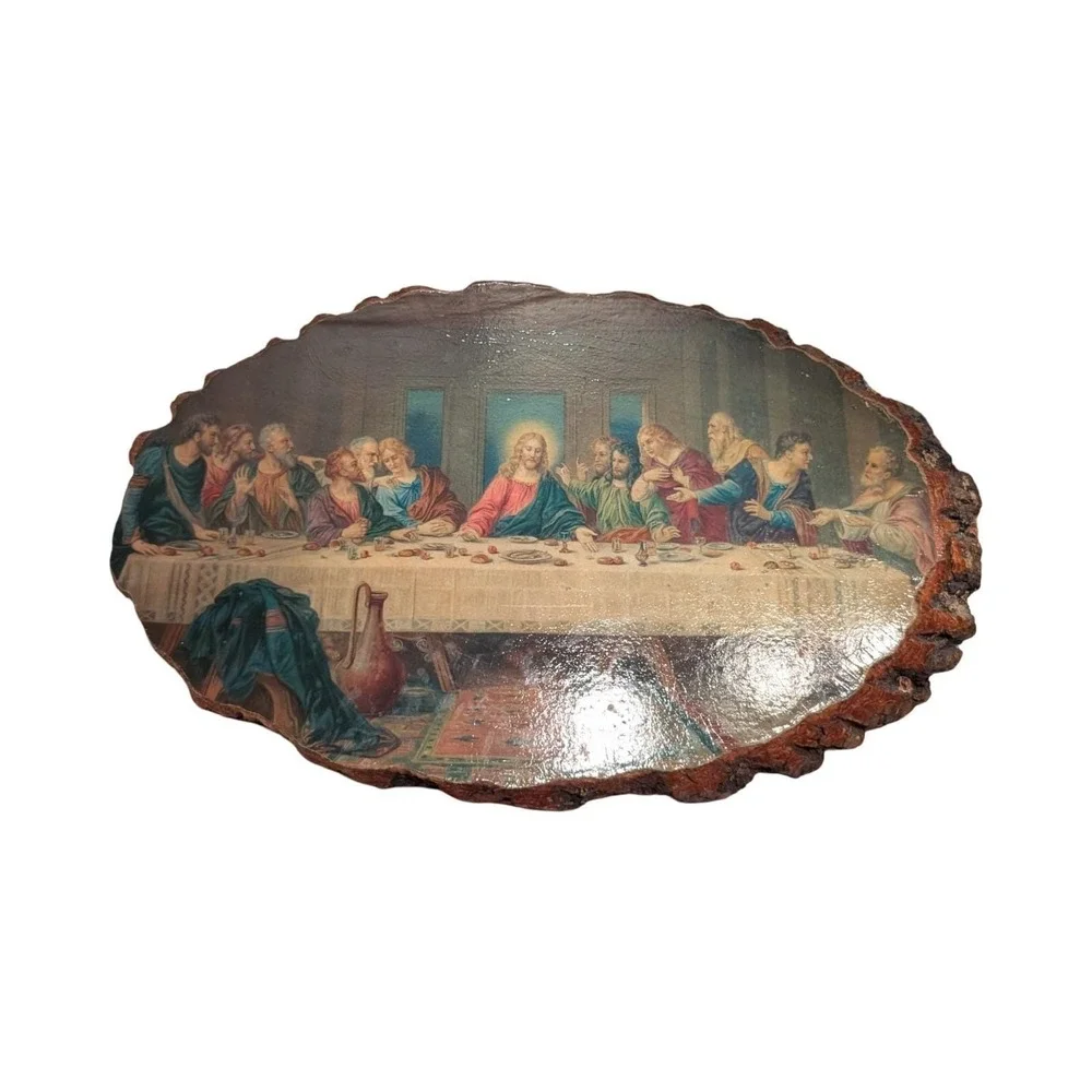 Vintage‎ Last Supper Wood Slice Decoupage Wall Plaque with Bark Edge
